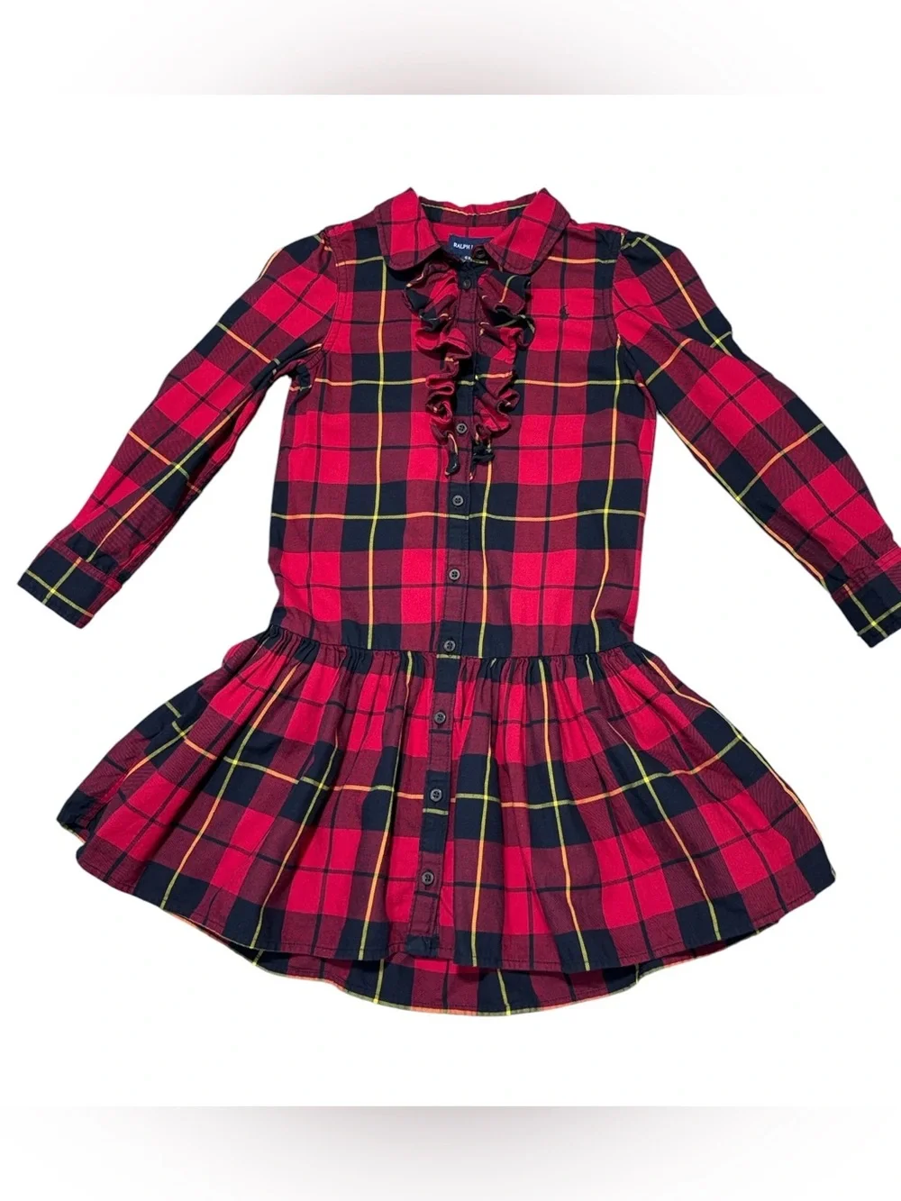 Ralph Lauren Girls Plaid Shirt Dress Red Black Ruffle Button Front Size 6X